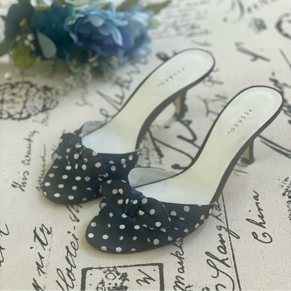 Pesáro Jaynie Navy Polka Dot Kitten Heel Open Toe Sandals with Bow 7.5 - Picture 5 of 9